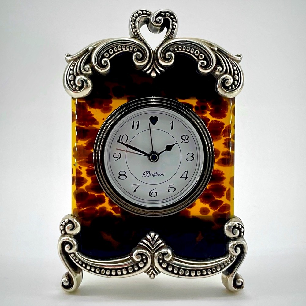 Brighton Heavy Metal Art Nouveau Faux Acrylic Tortoiseshell Office Table Clock